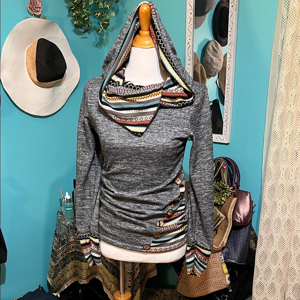 Gray Multicolor Trim Cowl Neck Sweater